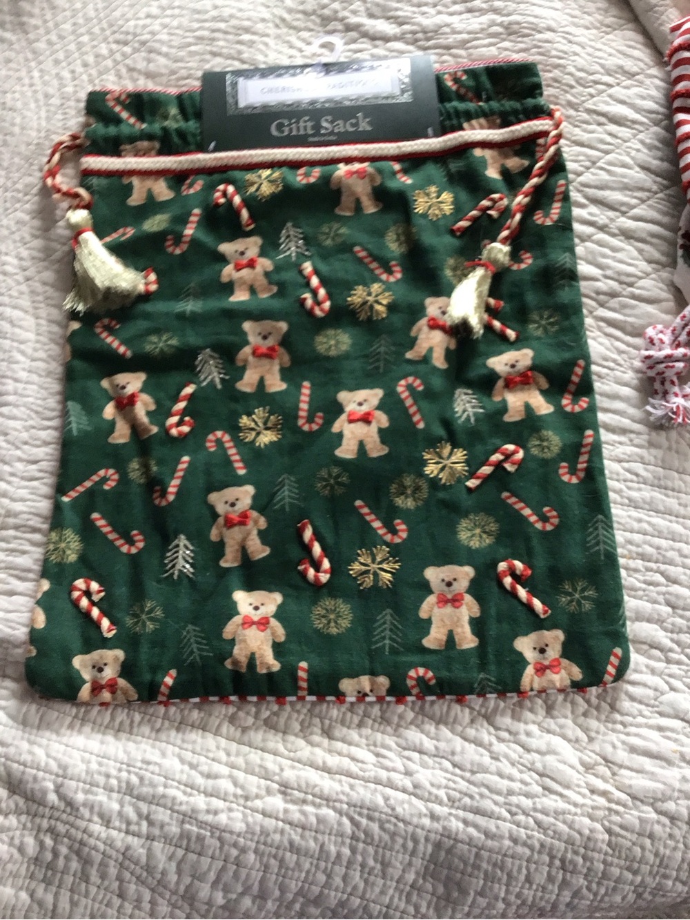 NWT Holiday 🎁 Teddy Gift Sack with Tassels 100% Cotton Made in india